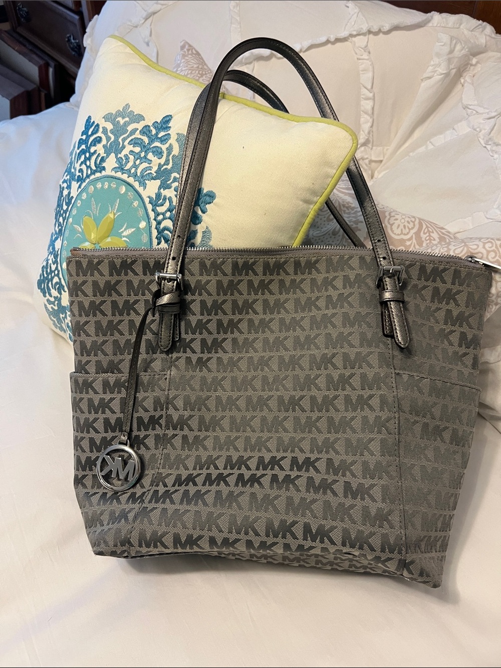 Michael Kors Charcoal MK Logo Tote with Hanging MK Charm